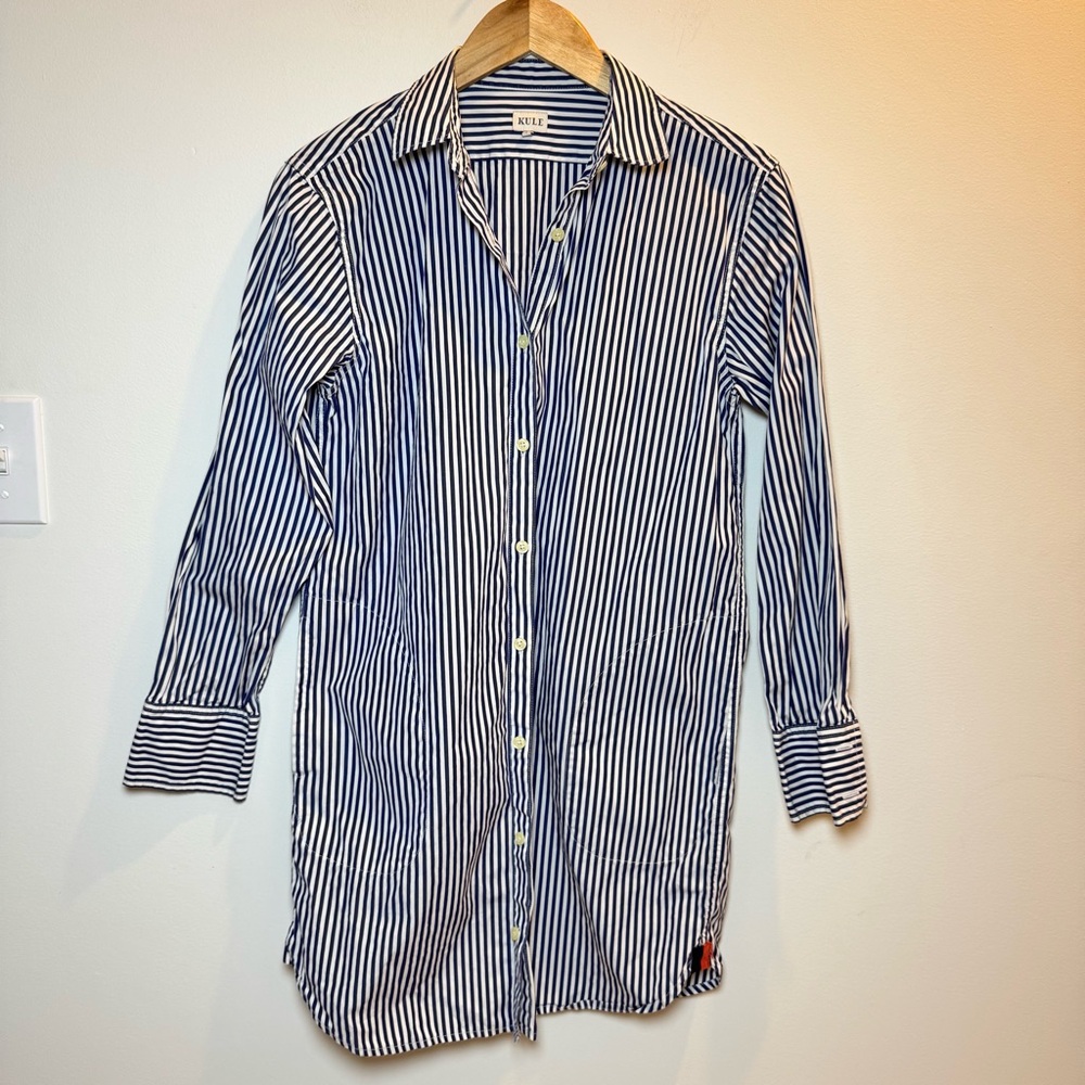 Kule Button Up Long Sleeve Shirt Dress Navy Stripe Size Small 100% Cotton